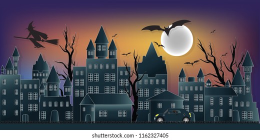 The dark night Halloween and full moon in the sky over the abandoned village background , vector illustration.