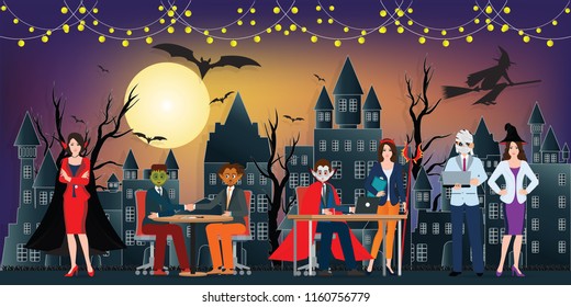 The dark night Halloween office party and full moon in the sky over the abandoned village background as happy festival day and party concept. vector illustration.