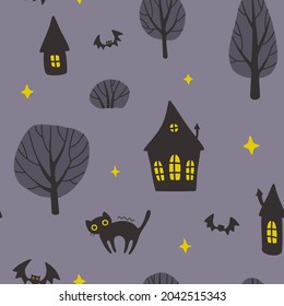 Dark night halloween street pattern. Cute silhouette of houses, cat and trees. Seamless texture for textile, fabric, apparel, wrapping, paper, stationery.