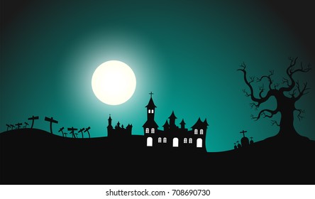 Dark night halloween vector background with castle silhouette illustration