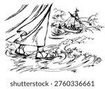 Dark night hand drawn old hope saint holy lord step journey jew Peter fear doubt sink drown pray ask help save retro historic belief cartoon line art style. Closeup view believe trail on river sail yacht float ocean path way sky gospel symbol scene