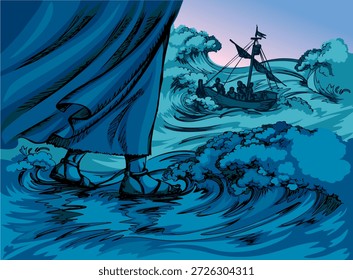 Mão da noite escura desenhada velha esperança santo santo senhor passo jornada judeu Peter medo dúvida afundar afogar orar pedir ajuda salvar histórico crença desenho animado estilo de arte linha. Closeup view credo trilha no rio veleiro iate flutuar caminho do oceano céu céu símbolo cena