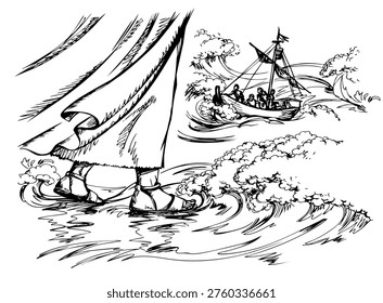 Dark night hand drawn old hope saint holy lord step journey jew Peter fear doubt sink drown pray ask help save retro historic belief cartoon line art style. Closeup view believe trail on river sail yacht float ocean path way sky gospel symbol scene