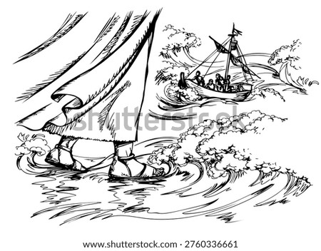 Dark night hand drawn old hope saint holy lord step journey jew Peter fear doubt sink drown pray ask help save retro historic belief cartoon line art style. Closeup view believe trail on river sail yacht float ocean path way sky gospel symbol scene