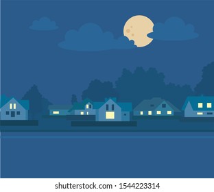 Dark night houses light up the windows. hand drawn style vector design illustrations. 