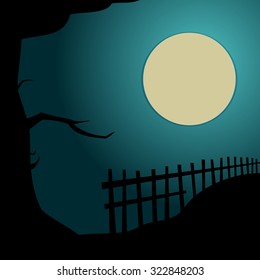 Dark night with huge full moon in the sky, landscape with silhouettes of big tree and a fence. Halloween design. Vector illustration.