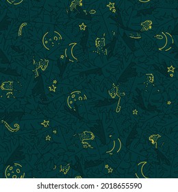 Dark night jungle repeat pattern with cheetah eyes seamless textile print background. Vector illustration. Great for both men and women, kids and home decor projects. Surface pattern design.