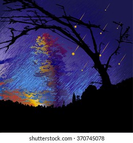 Dark night landscape with silhouettes of trees, clouds and falling meteorites