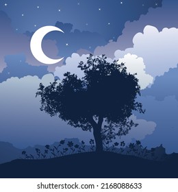 Dark night landscape with tree and grass silhouette illustration.