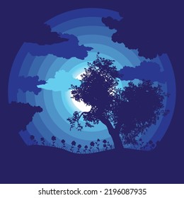 Paisaje nocturno oscuro con ilustración de silueta de árbol y hierba.