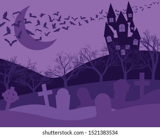 Dark night landscape vector illustration. Halloween background landscape. Halloween landscape with haunted house, flying bats, scary trees and graveyard. Purple background. 