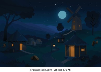 Fã de moinho de vento grande da aldeia da paisagem noturna escura, casas de campo africanas, campo asiático natural, estrada, ilustração vetorial do fundo do desenho animado
