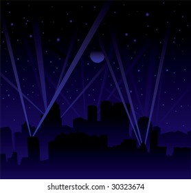 Dark Night With Large Moon And Stars With Searchlight And City Skyline