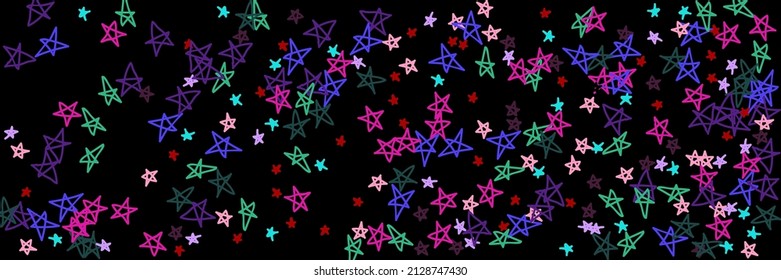 Dark Night Mint Multicolor Colorful Chaotic Vivid Green Sky Background. Black Childish Violet Bright Purple Stars Pink Handdrawn Stars. Kids Naive Red Pastel Bordo Lavender Vibrant Background.