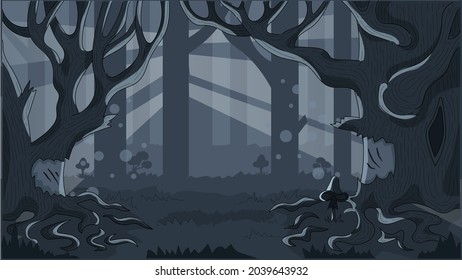 Dark night misterious forest with complex and sophisticated trees and volume background. Beam light. Halloween, suspense and creepy mood.