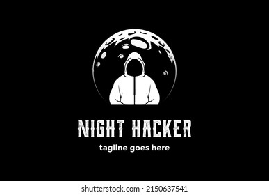 Dark Night Moon with Mysterious Man for Hacker Logo Design