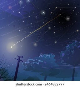 Dark night moonlight, shooting star and constellations. Colorful wallpaper of midnight starry sky with electric post silhouette. Country scenery. Vector background in watercolor style for children.