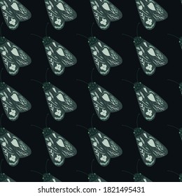 Dark night moth seamless doodle pattern. Green folk insects on black background. Stylish butterfly backdrop. Designed for wallpaper, textile, wrapping paper, fabric print. Vector illustration.
