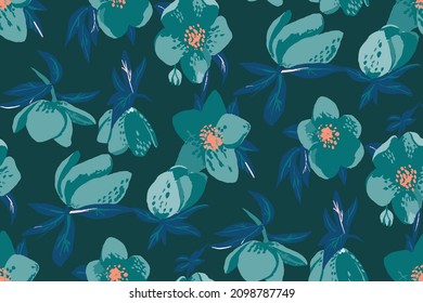 noche oscura misterioso patrón sin costuras con flores en estilo de gouache y acuarela.