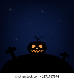 Dark night on cemetery. Silhouette of pumpkin for Halloween party. Vector illustration of autumn attribute.