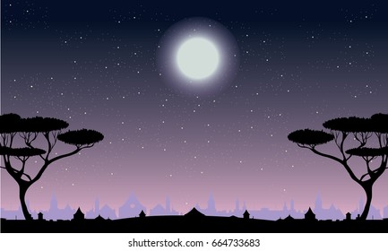 Dark night over old town silhouette and trees on the hill
vector cityscape illustration, full moon and stars
