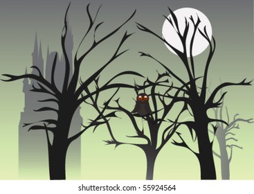 Dark night with owl sitting on the tree