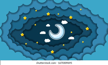 Dark Night Paper Cut Background Vector With Moon Stars And Clouds