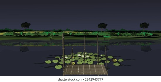 Dark night river side illustration with water lily, night illustration, water lily illustration, dark sky illustration. Village river vector art.