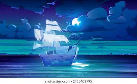 Dark night sea and moon in cloud sky illustration