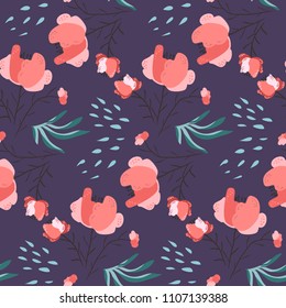 Dark night seamless pattern with pink poppy flowers and leaves. Elegant hand drawn floral texture for textile, wrapping paper, print design, wallpaper, surface. Cute girls background