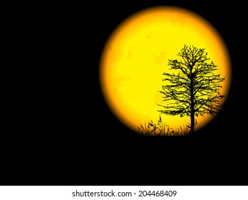 Dark Night With Single Tree and Big Orange Moon