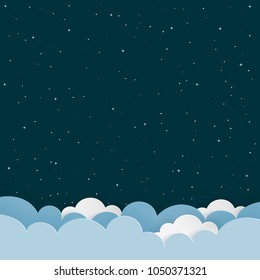 Dark night sky background with paper clouds and stars. Blank space background with copy-space. Children room, baby nursery wallpaper, print cover, scrapbook. Vector Illustration. 