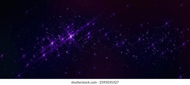 Dark night sky background with sparkling stars. Vector realistic illustration of black space with many shimmering and sparkling constellations, starlight in dark galaxy, astrology wallpaper, cosmos