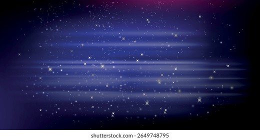 dark night sky with a blue background, filled with small stars and light dots with several horizontal light bands that create the effect of abstract outer space.