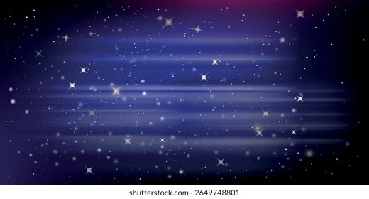 céu noturno escuro com um fundo azul, preenchido com pequenas estrelas e pontos claros com várias faixas de luz horizontal que criam o efeito do espaço sideral abstrato.