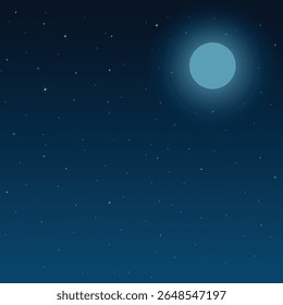 Dark night sky cartoon background with full moon and stars vector illustration
