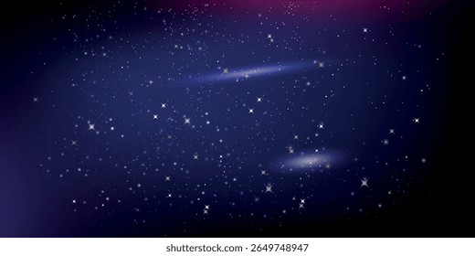 um céu noturno escuro com um fundo azul profundo, cheio de numerosas estrelas pequenas e pontos de luz brilhante com listras de luz semelhantes a galáxias que aumentam o efeito do espaço sideral.