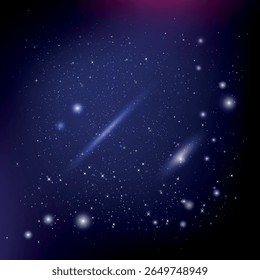 um céu noturno escuro com um fundo azul profundo, cheio de numerosas estrelas pequenas e pontos de luz brilhante com listras de luz semelhantes a galáxias que aumentam o efeito do espaço sideral.