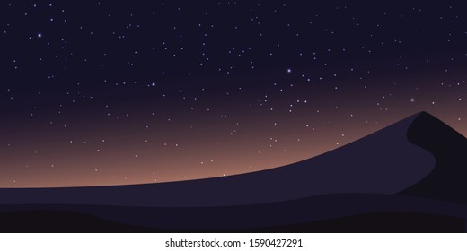 Dark night sky at the desert. Star filled in sky at hill sand. Vector illustration.