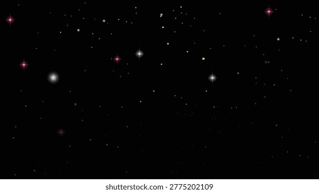 A dark night sky filled with numerous twinkling stars, some with soft glows and subtle lens flare effects, creating a magical and serene atmosphere. This graphic is perfect for backgrounds in educational, scientific, or fantasy-themed projects, as well as for celebrating holidays and special events.