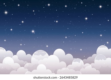 Céu escuro com nuvens brilhantes brilhando estrelas e constelações. O fundo do gradiente azul retrata um cosmos mágico, padrões de nebulosas celestes e ilustração de fantasia inspirada na astrologia.
