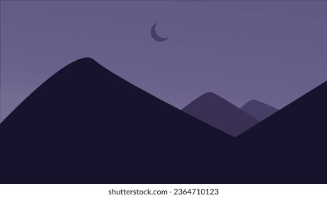 The dark night sky. Landscape with mountains. Vector illustration