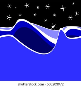 Dark night sky over the ocean waves - simple stylized sea landscape with blue copyspace