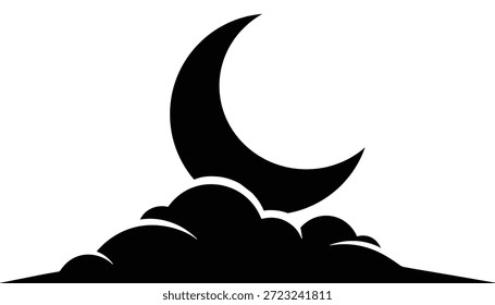Ilustración vectorial oscura del cielo nocturno con la silueta Grande de la luna creciente que descansa en la parte superior del elemento de Diseño gráfico atmosférico estilizado de las nubes esponjosas
