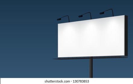 Dark night sky with a white brightly illuminated blank billboard. EPS10 realistic vector background.