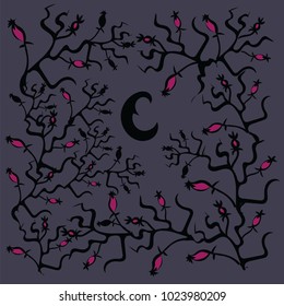 Dark night and spiny dog-rose pattern. Halloween theme. Vector illustration.