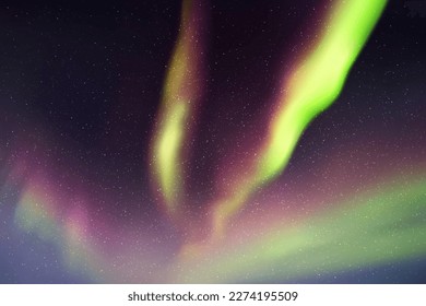 Dark night starry sky. Northern lights. Purple green aurora borealis