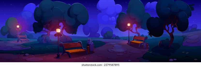 Dark night in summer park. Vector cartoon illustration of public garden landscape with benches, waste bins and lantern light, lawn and trees, fluffy white clouds in starry sky, natural background