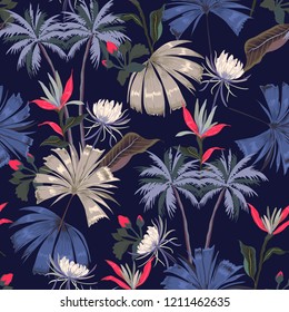 Dark night vector seamless beautiful artistic bright tropical pattern with exotic forest. Colorful original stylish floral background print, bright rainbow colors on navy blue background