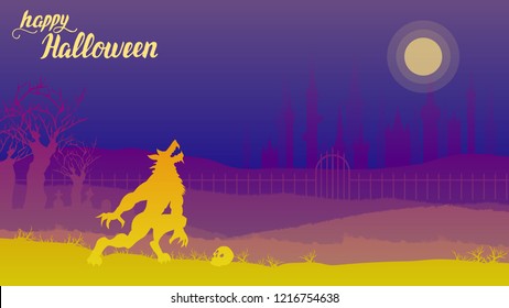 Dark night a werewolf howling at the moon on midnight. Wolf on landscape background of the forest and the castle howling to the moon. Happy Halloween vector illustration 